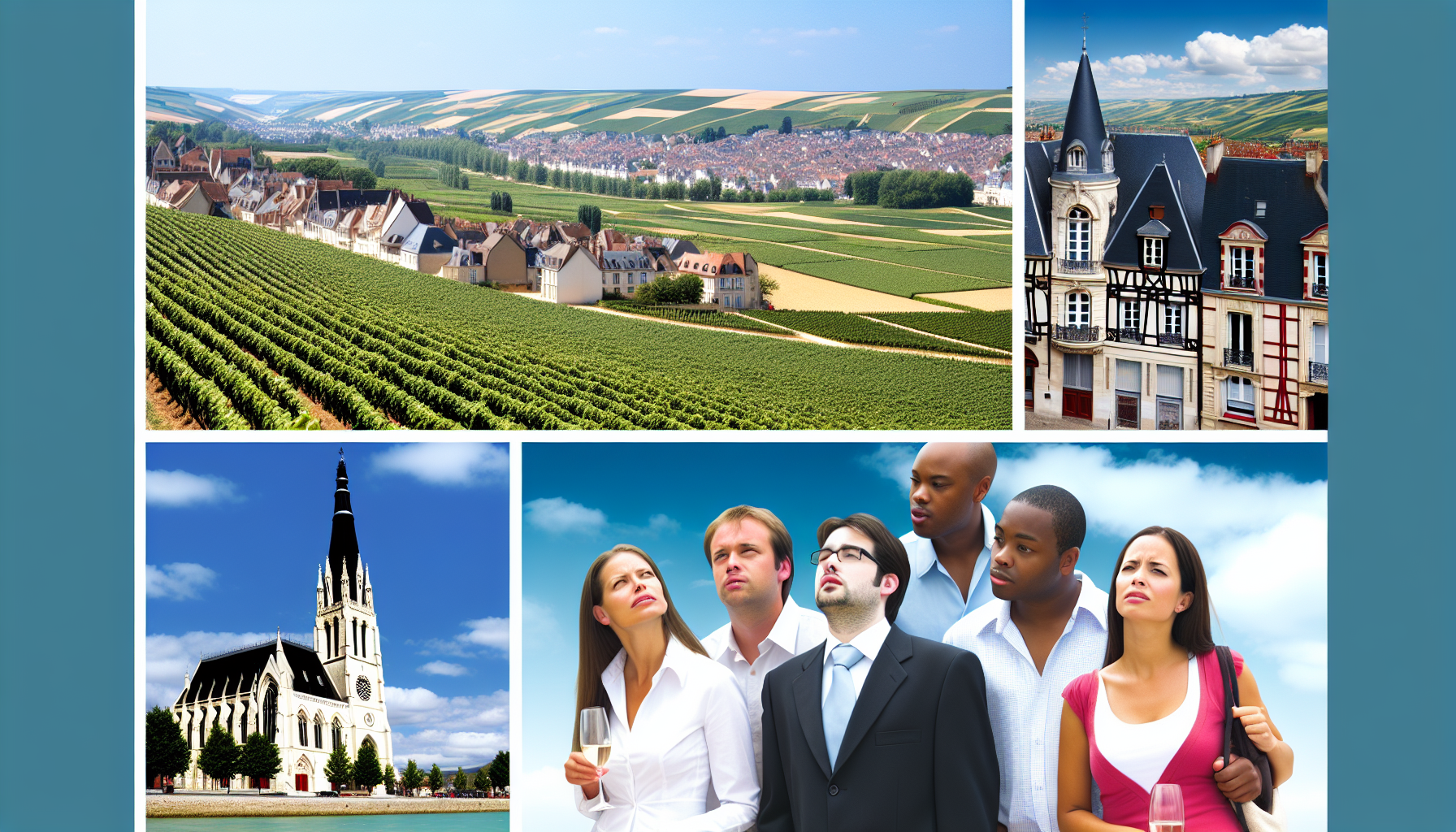 Un groupe de personnes se tient devant un vignoble et une église